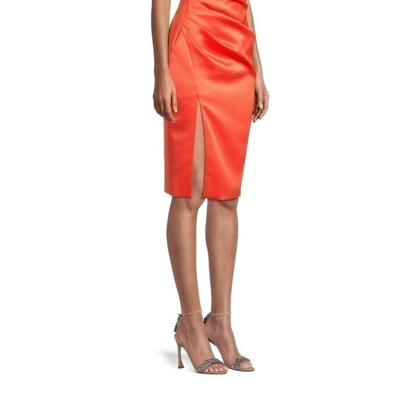LAVISH Alice Bow-Shoulder Satin Midi-Dress In Coral Red - Picture 4 of 7